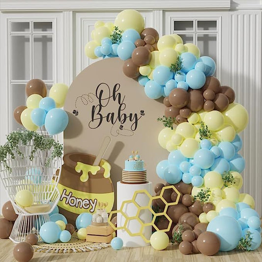 131PCS Noble yellow Blue and Brown Children Balloon  Honey Jar Baby Shower Decor for Kids Gender Reveal and Birthday Party