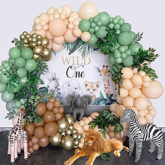 105pcs Jungle Balloon Garland Arch Kit- Sage Green And Brown Balloons For Wild One Tropical Theme Party Supplies Olive For Baby Shower Wedding