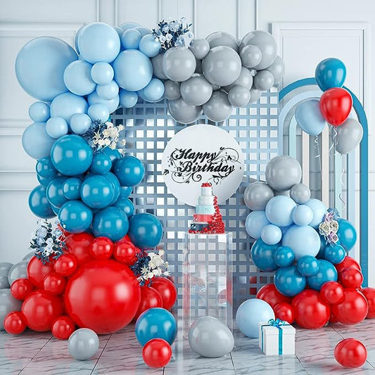 104PCS Red Blue Grey Balloons Garland Arch Kit Navy Blue Pearl Light Blue Red Latex Balloon for Superhero Birthday Party Supplies Nautical Britain Sporting Events Decoration