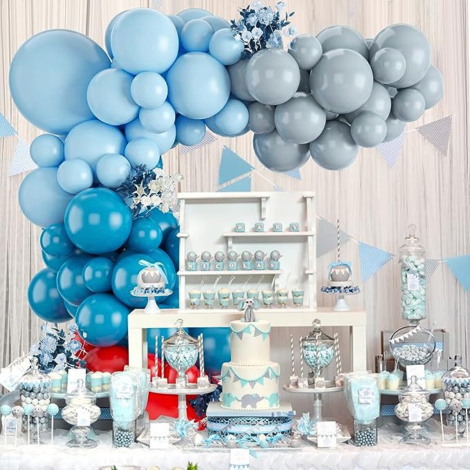 104PCS Red Blue Grey Balloons Garland Arch Kit Navy Blue Pearl Light Blue Red Latex Balloon for Superhero Birthday Party Supplies Nautical Britain Sporting Events Decoration