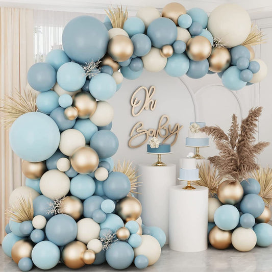 134Pcs Dusty Blue Balloons Garland Kit  Pastel Blue Sand White Metallic Gold latex Balloons for Boy Baby Shower Bridal Shower Party Decorations